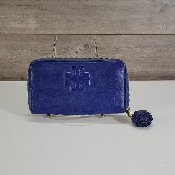 Tory Burch Handbags - Tory Burch Royal Blue Leather Zip-Around Wallet with Tassel Pull